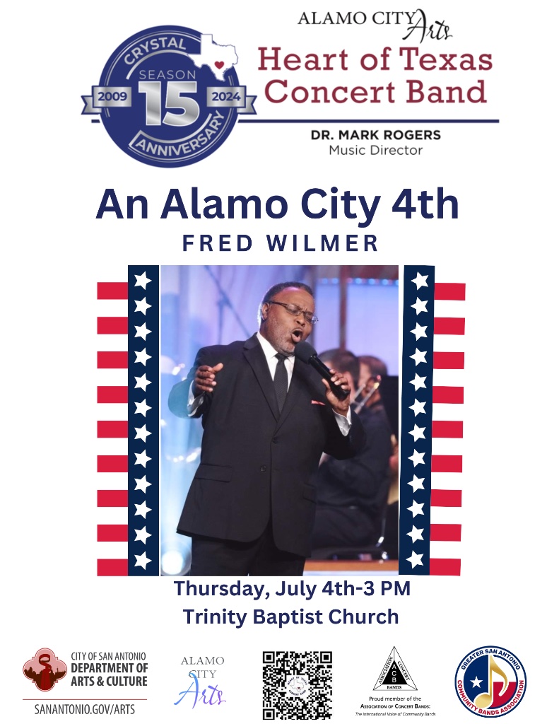 htxcb's tweet image. HTxCB welcomes Fred Wilmer
 An Alamo City 4th
 July 4th, 3PM-Trinity Baptist Church.
livestream.com/tbcspecialeven…
Fred studied at Texas Tech &amp;amp; received a Bachelor’s degree in Voice
At Concord Church-Dallas he has served as church soloist,  &amp;amp; special productions
heartoftexasconcertband.org