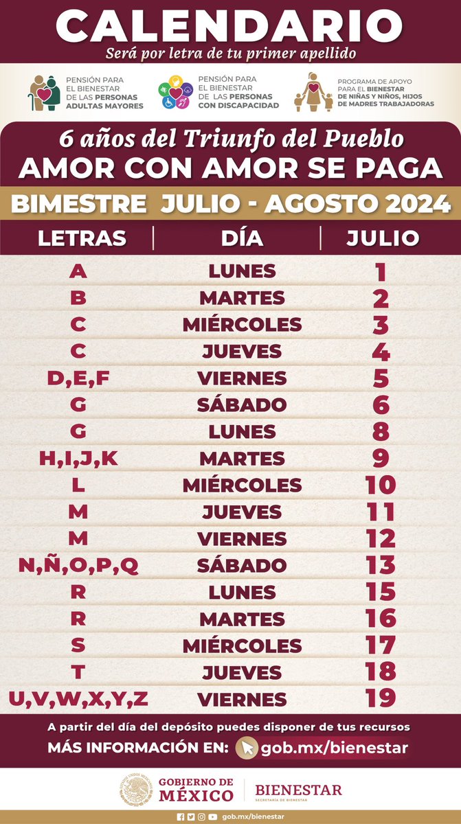 A_MontielR's tweet photo. 🔴 BUENAS NOTICIAS, PAGO #PensionesBienestar

Del 1 al 19 de julio se realizará el depósito del bimestre julio-agosto de la #PensiónAdultoMayor, #PensiónDiscapacidad, y de #MadresTrabajadoras. Recuerda que el pago se realiza de acuerdo con la letra del primer apellido, a partir de ese día estarán disponibles tus recursos.

#PrimeroLosPobres