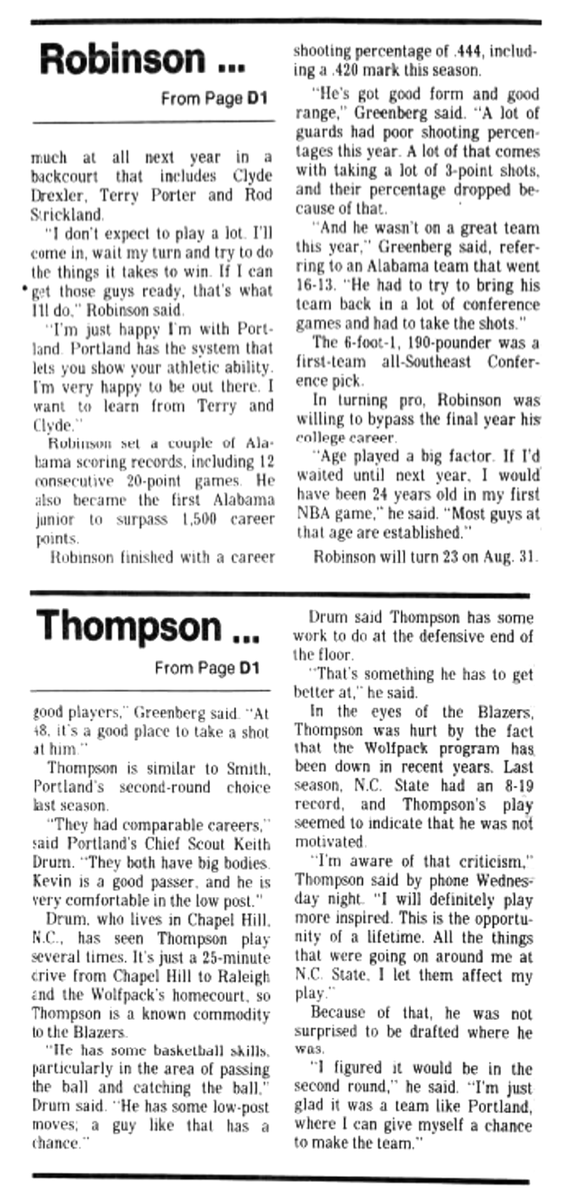 77Blazers's tweet photo. June 30, 1993 - The @trailblazers selected #JamesRobinson of @UofAlabama and #KevinThompson from @NCState
Robinson, who was selected with the 21st pick in the @NBA Draft, averaged 20.6 points per game for @AlabamaMBB. Nicknamed "Hollywood," he set an #Alabama record by scoring 20 or more points in 12 straight games and became the first player in #CrimsonTide history to surpass 1,500 career points, finishing with 1,831 in his 3 seasons.
Thompson, who was selected with the 48th pick by the #Blazers, averaged 15.5 points and 9.1 rebounds for the @PackMensBball.
#RipCity #ThisDateinBlazersHistory