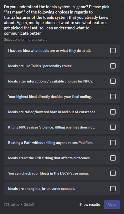 We're running polls in our Discord server for Future Fragments; I'd put them on Twitter, but Twitter's<a href="/tag/animeexpo"class="tags"><span>#animeexpo</span></a><a href="/tag/denpasoft"class="tags"><span>#denpasoft</span></a><a href="/tag/animeexpoartistalley"class="tags"><span>#animeexpoartistalley</span></a>
