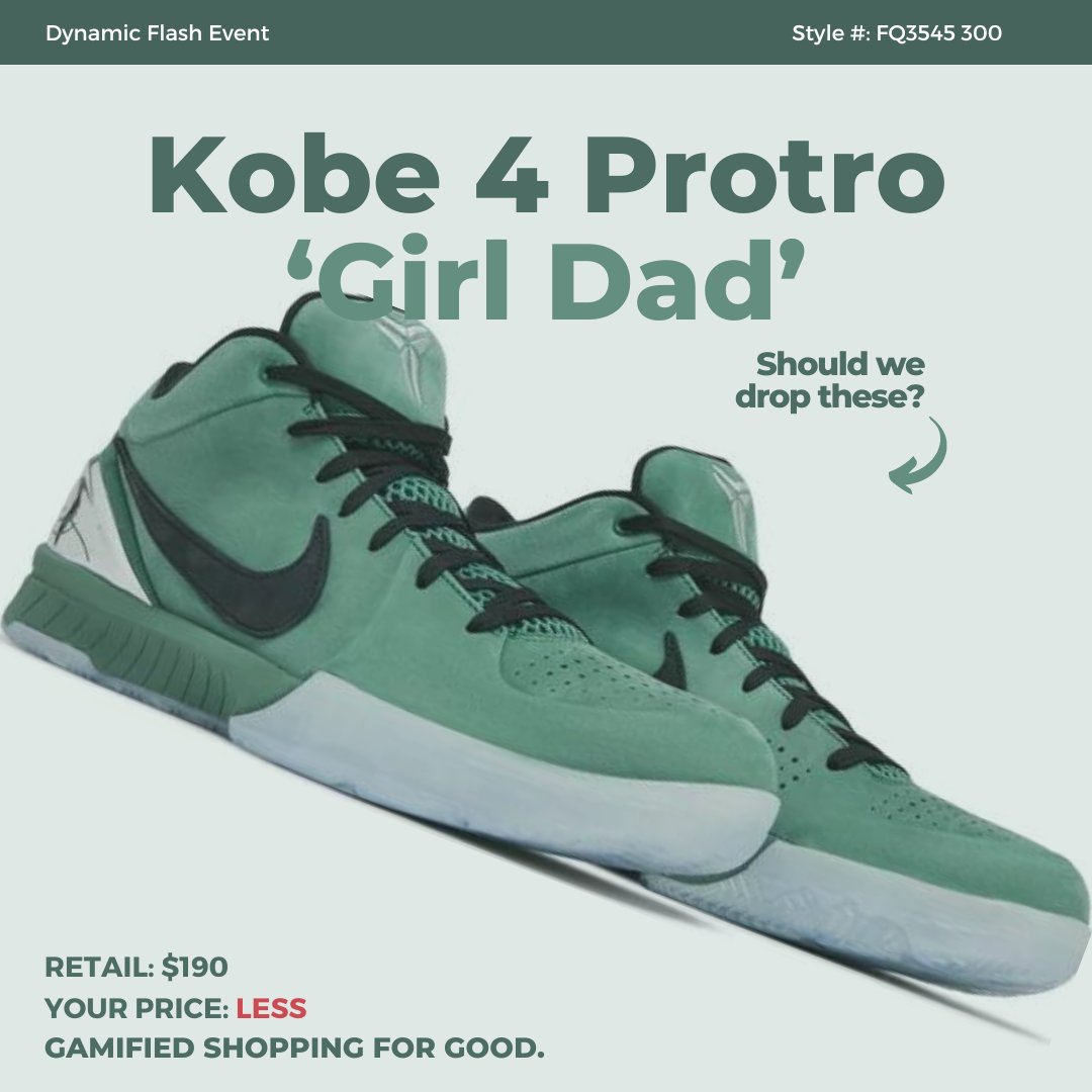 TheKallective's tweet photo. Hey fam, we're thinking about releasing the Nike Zoom Kobe 4 Protro 'Girl Dad' as an event on our site. This sneaker is a tribute to Kobe Bryant's bond with his daughters, featuring a sleek teal suede upper, black accents, and a special 'Girl Dad' inscription. 🏀💜

Would you cop these kicks at one of our events? Let us know in the comments! 👇

#KobeBryant #GirlDad #NikeZoom #SneakerHeads #TheKallective #BlackMamba