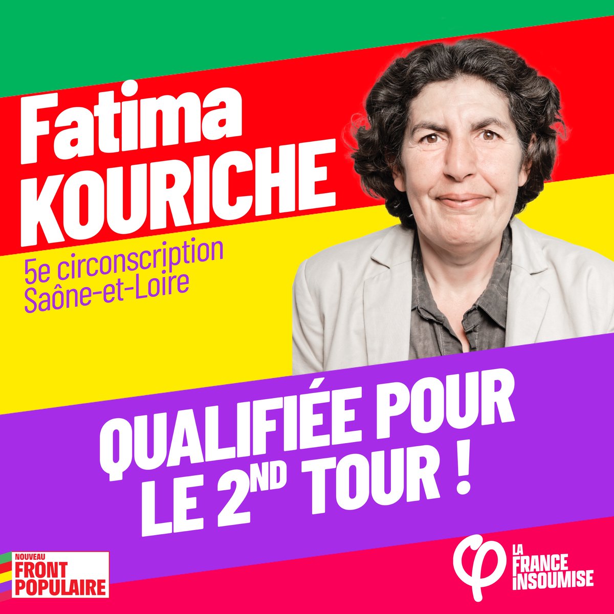 FranceInsoumise's tweet photo. 🗳 Félicitations à Fatima Kouriche, qualifié au second tour dans la 5e circonscription de Saône-et-Loire.

#NouveauFrontPopulaire #LEGISLATIVES2024 https://t.co/XbXW81tgg9