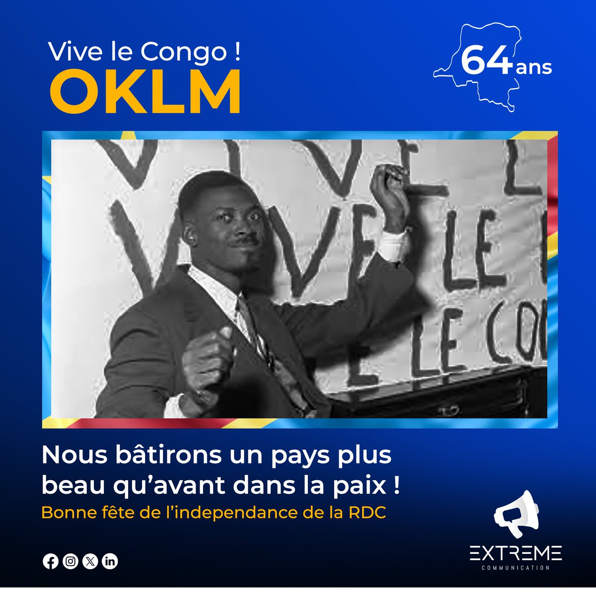 Extreme_comm's tweet photo. Nous bâtirons un pays plus beau qu'avant dans la paix. Que vive l'independance de la RDC, 64 ans 🇨🇩

Trente juin, ô doux soleil
Trente juin, du trente juin
Jour sacré, soit le témoin,
Jour sacré, de l’immortel
Serment de liberté
Que nous léguons
À notre postérité pour toujours. https://t.co/1j92yQfvhb