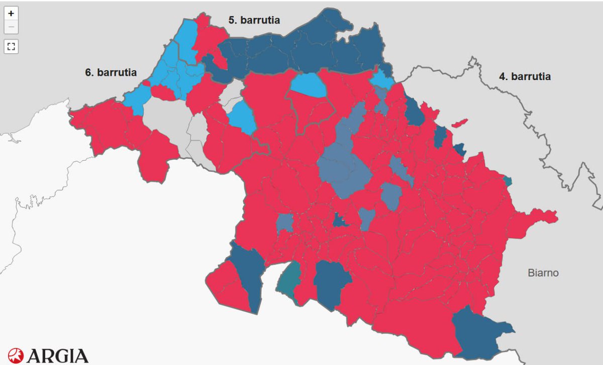 argia's tweet photo. ‼️ Ipar Euskal Herrian ezkerreko Fronte Popular Berriak irabazi du, baita hiru barrutietan ere. 

Mapa honetan herriz herri lehen indarra. Gorriz Fronte Popular Berria. Urdin ilunez RN eta urdin argiz Macronen Ensemble. 

Ikusi emaitzak herriz herri: https://t.co/oJcuHUz5HK https://t.co/thz5OIQqbt