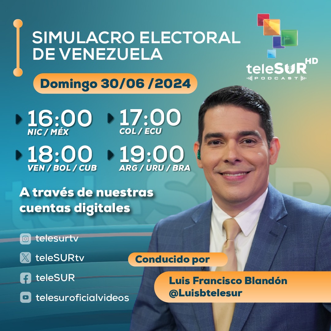 En breve, estaremos analizando el escenario en #Venezuela desde las redes sociales sobre le simulacro electoral. Los esperamos! 
Síguenos. <a href="/teleSURtv/">teleSUR TV</a> 
Aquí los horarios 👇