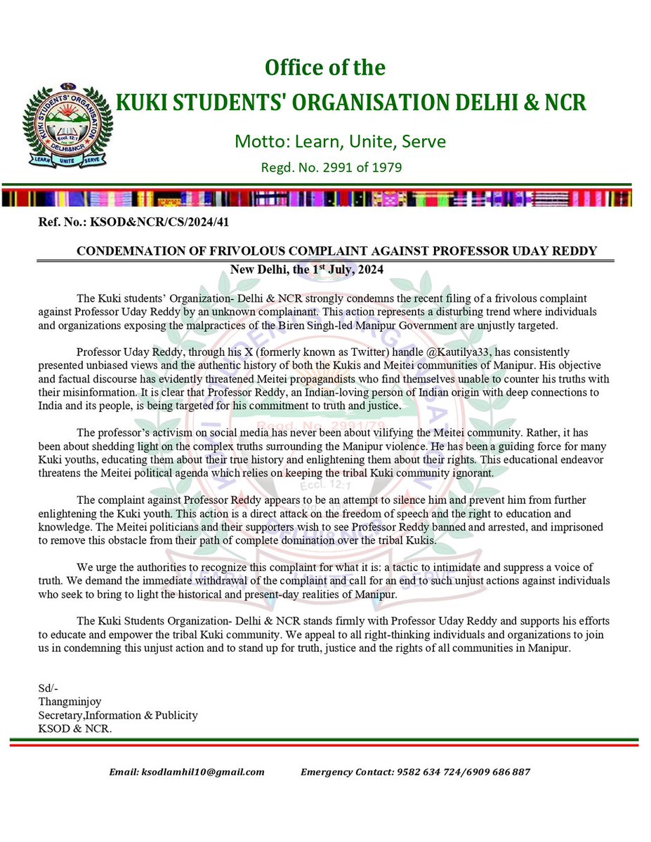 #Manipur
#MeiteiLiesXposed
#MeiteiLiarCommunity

Condemnation of frivolous complaint against Professor Udday Reddy

<a href="/Kautilya33/">Kautilya3</a> 
@ksobungpi @KSO_Lamka <a href="/KSO_Pune/">KSO PUNE</a> <a href="/KSO_Mumbai/">KSO Mumbai</a> <a href="/KSOChennai/">KSO Chennai</a> <a href="/KSOBengaluru/">KSO BENGALURU</a> <a href="/KsoLeimataBlock/">KSO LEIMATA BLOCK</a>