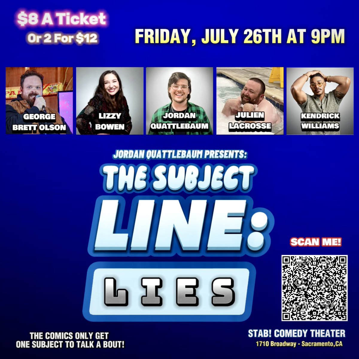 qbaumcomedy's tweet image. July 26th at 9PM! We have an interesting Subect Line show! This shows subject is “Lies” so all the comics will tell you jokes about true things that have happened to them… but one joke is a lie! Can you find the lie?

Get Tickets:
shorturl.at/aEKp5