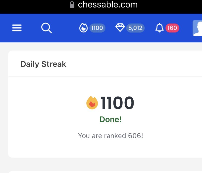 kng_Freebird's tweet photo. Good news : My @chessable streak has hit 1,100 days.  

Bad news:  There are 605 longer streaks. https://t.co/XLkgt7nHrk