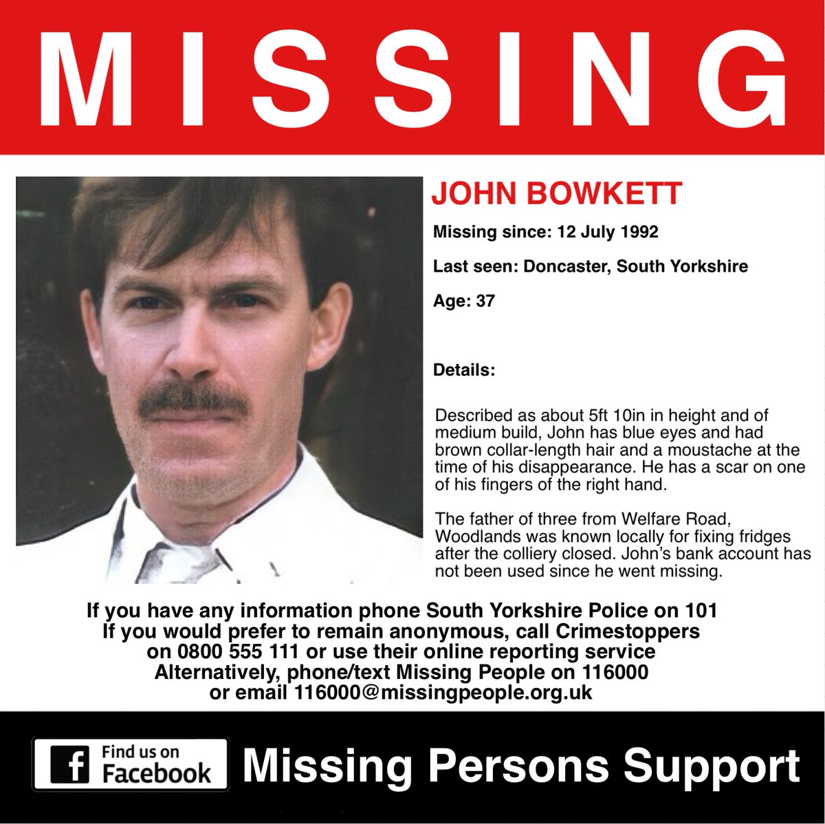 It is 32 years since John went missing, please keep his family in your thoughts 🙏🏻

If you have any information, phone South Yorkshire Police on 101

#FindJohnBowkett #MissingPersonsSupport