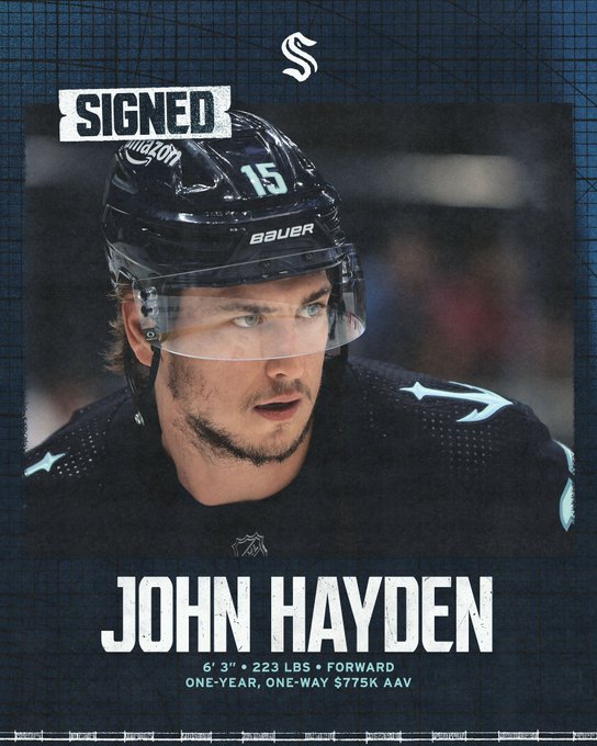 Graphic announcing John Hayden’s re-signing with the Kraken.
