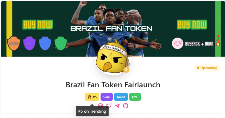 BrazilFanToken's tweet photo. 💎Congratulations to Brazil Fan Token for reach #5 on Trending at Pinksale 💎

🚀 Hurry up guys, fasten your seatbelts because the rocket is about to take off at listing, only 1 day left for Brazil Fan Token to be sold at Pinksale 🚀 

https://t.co/wx45wQu4h9 https://t.co/biaZO7qb0O