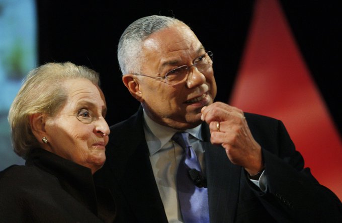 Former Secretaries of State Madeleine Albright, left, and Colin Powell, talk after a discussion with former Secretaries of State in 2008 at George Washington University in Washington, DC. (AP Photo/Charles Dharapak)
