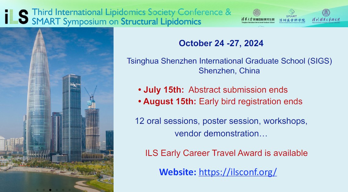 Together with the SMART Symposium on Structural Lipidomics, ILS is hosting this year's conference at the Tsinghua Shenzhen International Graduate School in Shenzhen, China. 
When: October 24th - 27th
Where: Shenzhen, China
See the conference website for more information!🧪