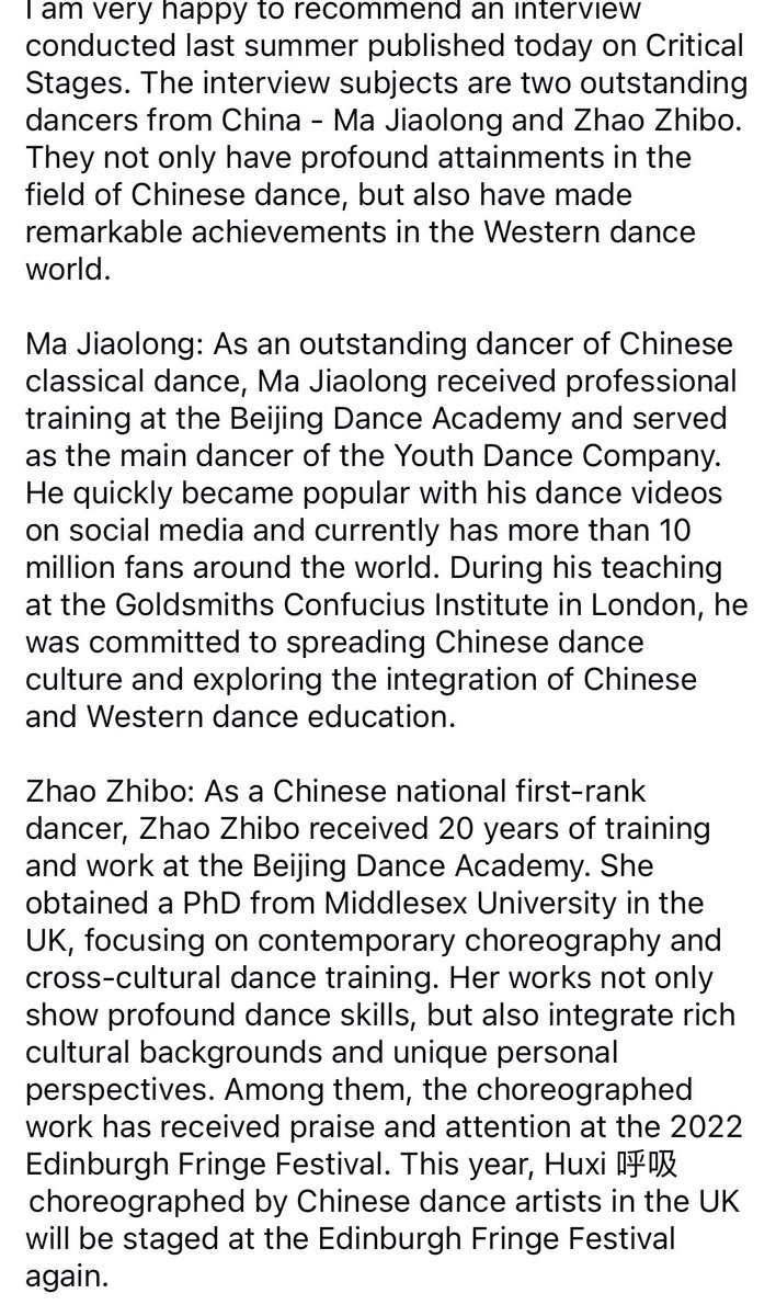 SunshineRaising's tweet photo. Excited to share my interview with two incredible Chinese dancers, Ma Jiaolong and Zhao Zhibo, on Critical Stage Journal! Dive into their journey of blending traditional and modern dance forms, and their unique experiences in cross-cultural dance education. 💃🕺 #Dance https://t.co/Y75KzOg5HA
