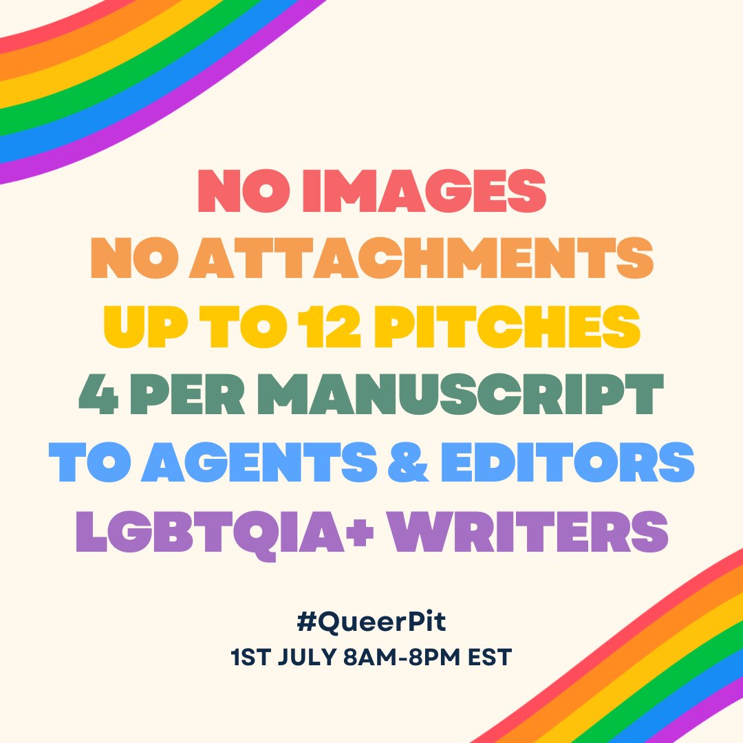 QueerPitContest's tweet photo. 🌈#QueerPit is TOMORROW!!🌈

❤️ 8am-8pm EST
🧡 Schedule your pitches
💛 NO moodboards or attachments
💚 Up to 4 pitches per manuscript, 1 per hour
💙 Rules on our website: https://t.co/llbUS1cFqq
💜 Don't forget the hashtag!! https://t.co/oZfhQwyeJJ