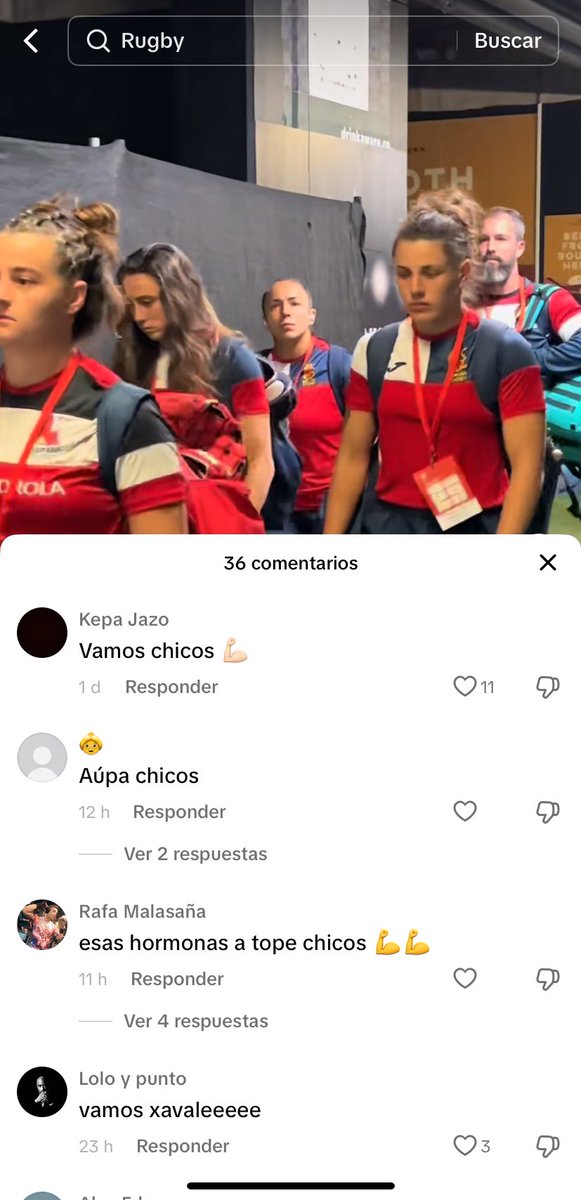 La cuenta de tik tok de la selección de rugby es muy viral y se caracteriza por los vídeos de las previas en el vestuario del equipo masc, en los que no hay  comentarios negativos.
Bueno pues aquí los comentarios con más likes cada vez que suben algo del equipo fem: