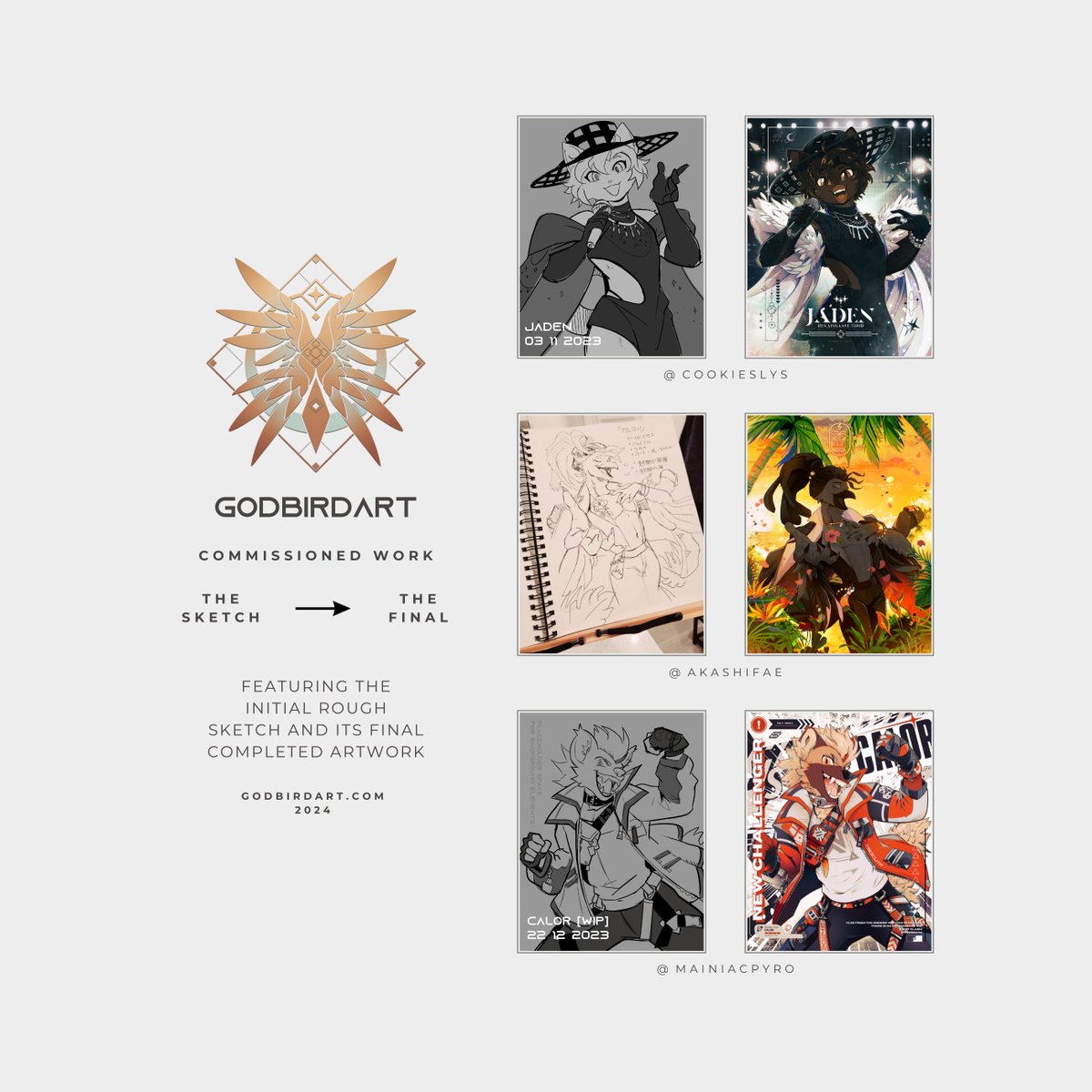 godbirdart's tweet image. some people had expressed interest in seeing more sketch vs final comparisons, so here are some finished pieces side-by-side with their respective WIPs ✏️

additional notes about my sketches have been added in the comments below!
