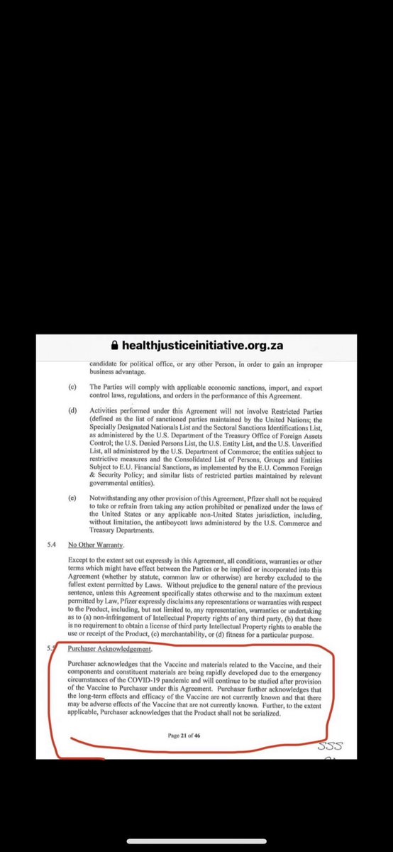 itsme122346's tweet photo. Do you know that South Africa 🇿🇦 released their COVID vaccine contracts with Pfizer? 

Do you know what the facts are about the vaccine? 

(1) Efficacy is UNKNOWN

(2) Long term side effects are UNKNOWN 

(3) Adverse events are UNKNOWN 

Why did our government tell the public that these vaccines were safe and effective when they clearly knew that they were NOT? You guys obviously know that our politicians signed these contracts? Which means that they clearly knew about these FACTS.

https://t.co/NAc2Q4eGwY…

Check out page 21/46 and see for yourself.

What was the real purpose of injecting the entire planet with a medical experiment that is neither safe or effective? 

This post should end all debates about the “safe & effective” narrative.