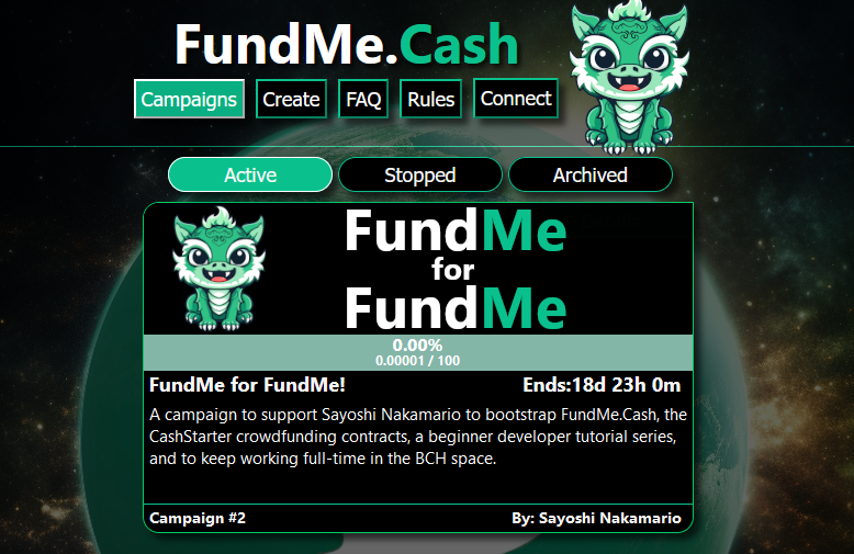 SayoshiHelpMe's tweet photo. Introducing https://t.co/PjzuHI2flg, a crowdfunding app using #BitcoinCash  #BCH smart contracts.

Including a FundMe campaign for ... FundMe itself. 😅 https://t.co/JoHPB7XPqr