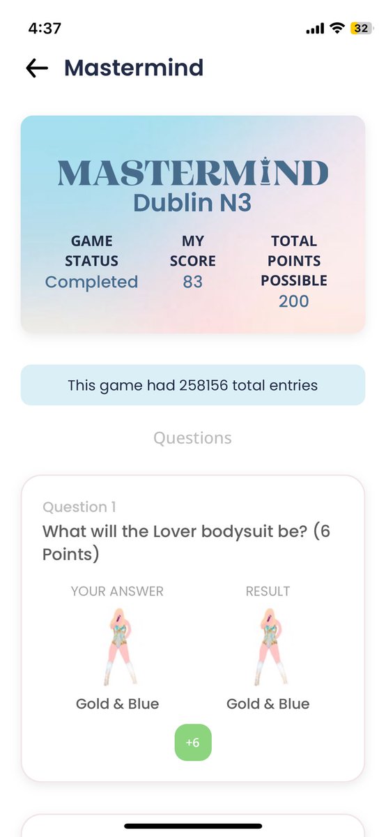 BriRho13's tweet photo. Completely failed at the surprise songs as usual but got my highest mastermind score by far 😍 @swiftalert_13 https://t.co/nCJ74l08Vu