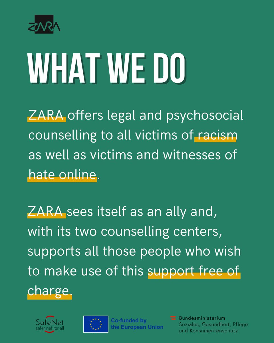 romeanews's tweet image. ➡️ #SafeNet project partners:
➡️ ZARA is a NGO based in VIenna, Austria. ZARA offers legal and psychosocial counselling to people affected by racism as well as to people affected by or witnessing online hate. We systematically document all reports on racism and online hate…