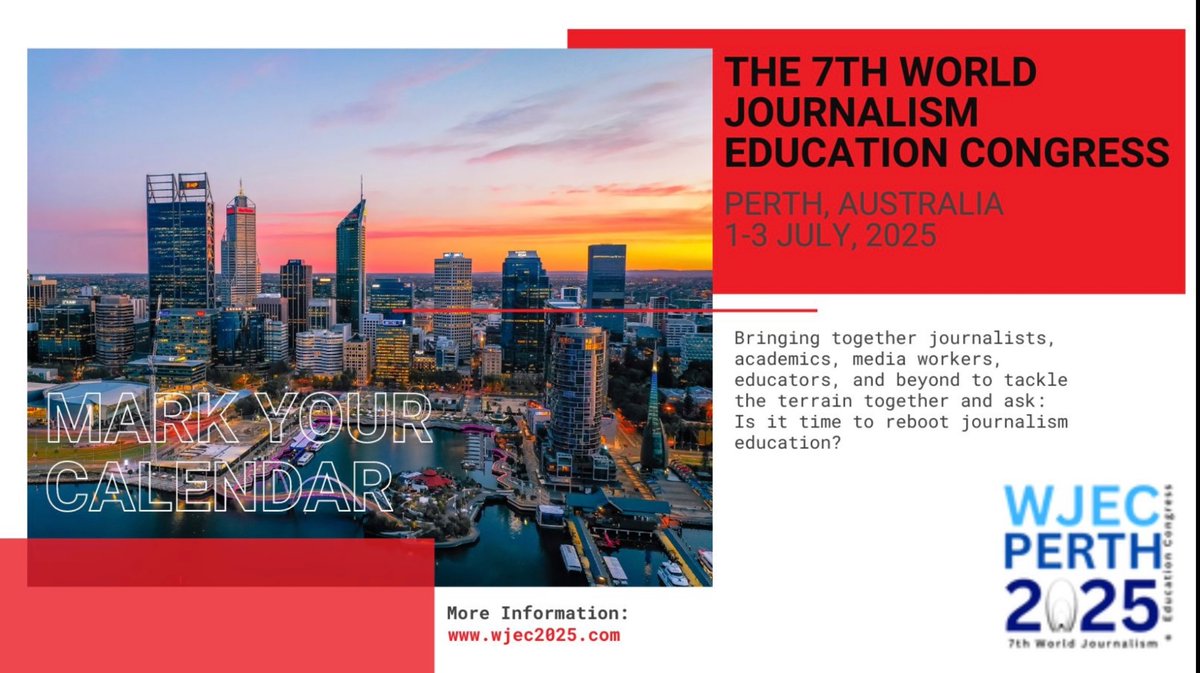 SAVE THE DATE! 
ONE YEAR TO GO!
July 1-3, 2025 we will meet for <a href="/wjec2025/">WJEC2025</a> in Perth, Australia!
Journalism educators will gather for our 7th WJEC world congress.
We will look forward to seeing you.
wjec.net
wjec2025.com
#WJEC2025