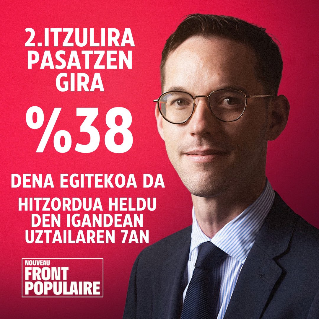 Inakiechaniz's tweet image. QUALIFIÉ POUR 2ND TOUR à 38% 
TOUT RESTE À FAIRE !
RENDEZ-VOUS DIMANCHE 7 JUILLET ! 

2.ITZULIRA PASATZEN GIRA %38
DENA EGITEKOA DA
HITZORDUA HELDU DEN IGANDEAN UZTAILAREN ZAN

QUALIFICAT TAU SEGOND TORN 38%
QUE NS'I CAU ATELAR!
RENDETZ-VE DIMENGE 7 DE JULHET

#legislatives2024