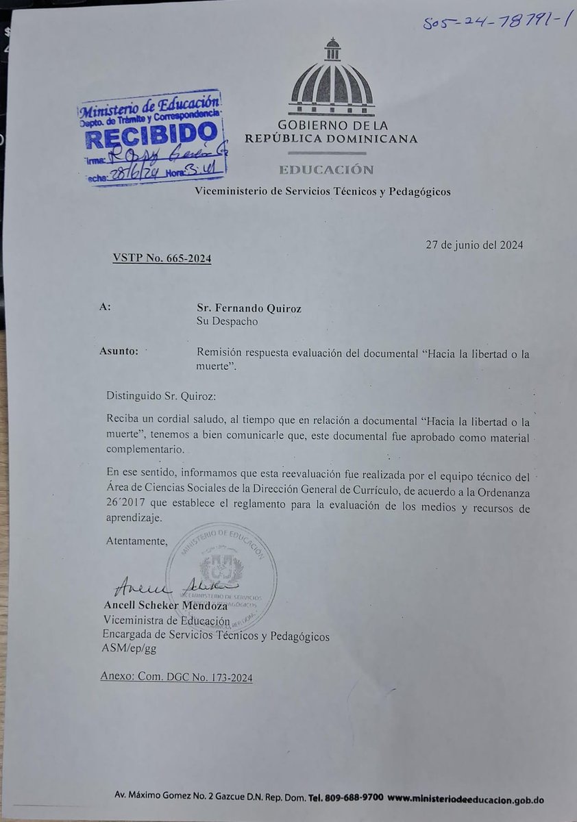 AncellScheker's tweet photo. Copia de la comunicación oficial aprobando, como material de apoyo educativo, el documental ¨Hacia la Libertad o la muerte¨de @fquirozmora https://t.co/KbFCox8C2E