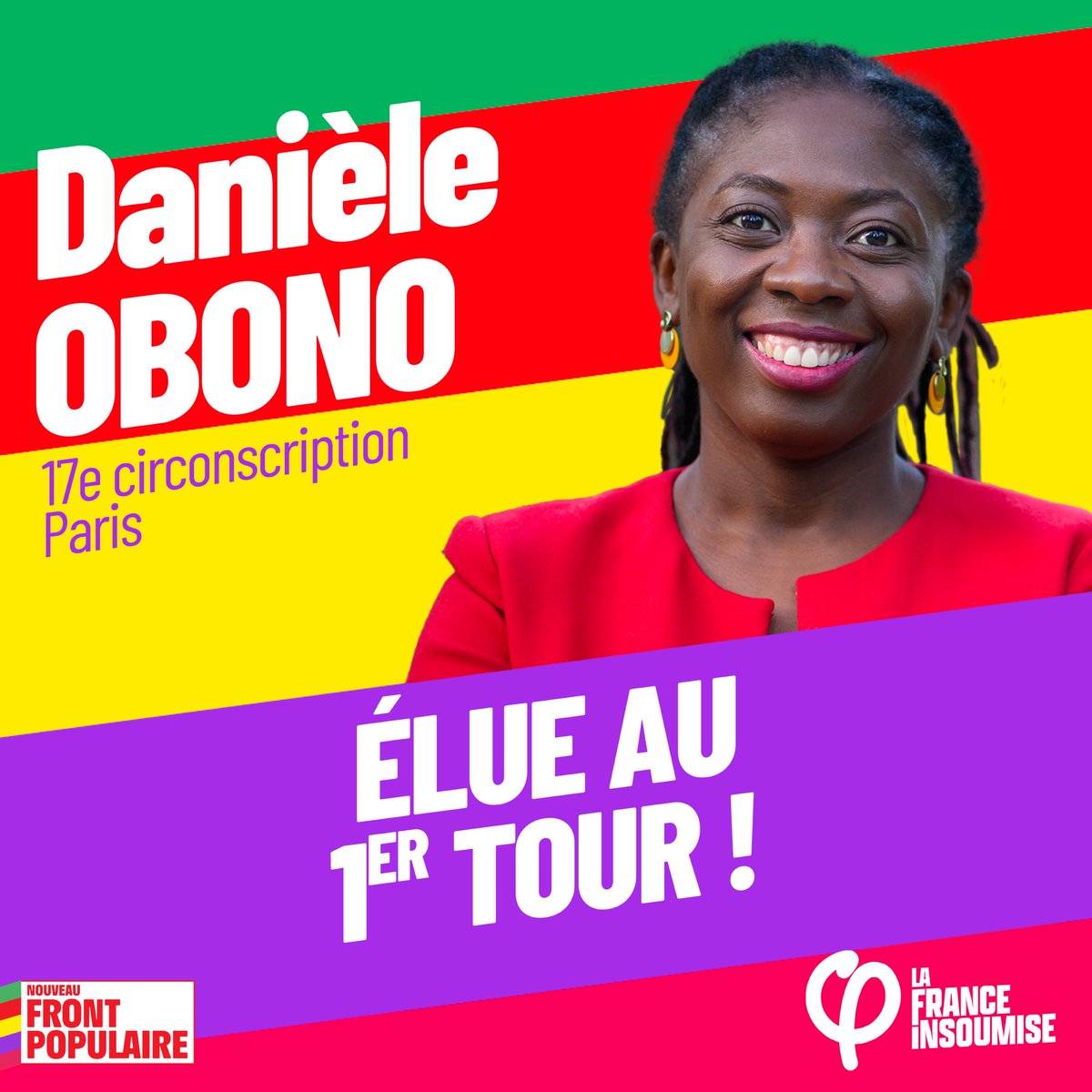 FranceInsoumise's tweet photo. 🎉Bravo à @Deputee_Obono élue au premier tour dans la 17e circonscription de Paris.

#NouveauFrontPopulaire #LEGISLATIVES2024 https://t.co/klbhrxkpmz