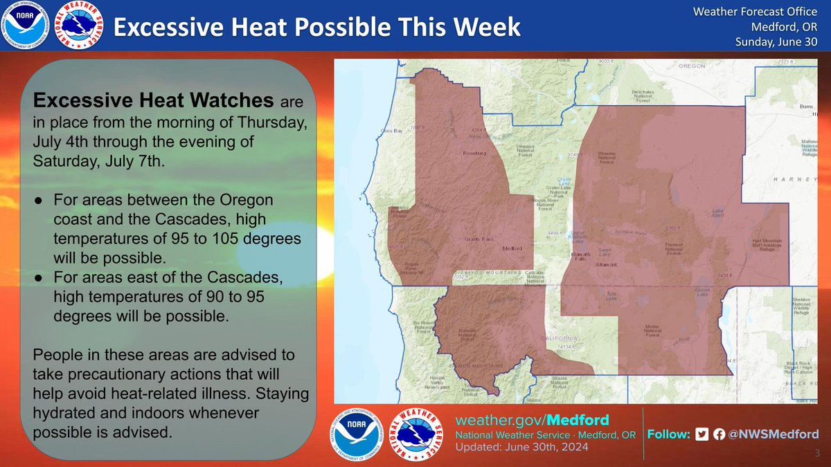 Excessive Heat Watches are in place for Thursday morning through Saturday evening for the displayed areas. Increased daytime and nighttime temperatures in these areas will make heat illness a risk in this period. Preventative actions are encouraged.  #orwx #cawx