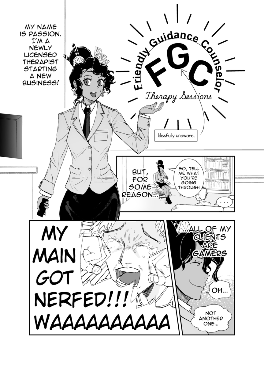 TJammy98's tweet image. I made a new series called FGC Therapist!
A therapist set up a new business called 'FGC Therapies'. All of her clients are gamers, but she can't figure out why.

(1/3)