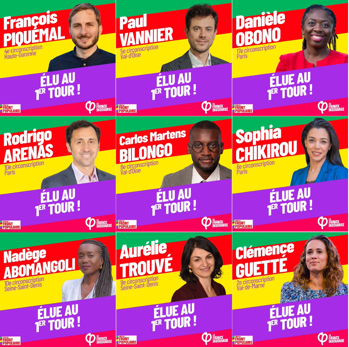 CharliesIngalls's tweet photo. 🚨Sont élus dès le premier tour pour LFI
(à alimenter en commentaire si d'autres sont annoncés dans la soirée)

- François Piquemal @FraPiquemal
- Paul Vannier @PaulVannierFI
- Danièle Obono @Deputee_Obono
- Rodrigo Arenas @arenasrodrigo_
- Carlos Martens Bilongo @BilongoCarlos
- Sophia Chikirou @chikirouparis 
- Nadege Abomongoli @abomangoli
- Aurélie Trouvé @TrouveAurelie
- Clémence Guetté @Clemence_Guette
- Sarah Legrain @S_Legrain
- Mathilde Panot @MathildePanot
- Manuel Bompard @mbompard
- Bastien  Lachaud @LachaudB
- Andy Kerbrat @AndyKerbrat
- Sébastien Delogu @sebastiendelogu

#NouveauFrontPopulaire

=====
N'oubliez pas de suivre ce compte @CharliesIngalls pour plus d'informations !