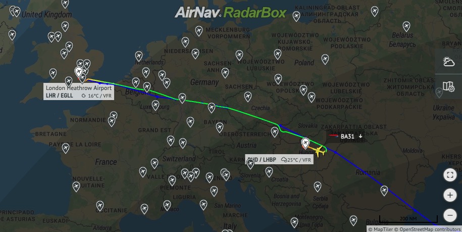 airlivenet's tweet photo. No luck, tonight flight #BA31 diverted to Budapest due a medical emergency https://t.co/TjciGAluPa https://t.co/wa3xSIWeNZ