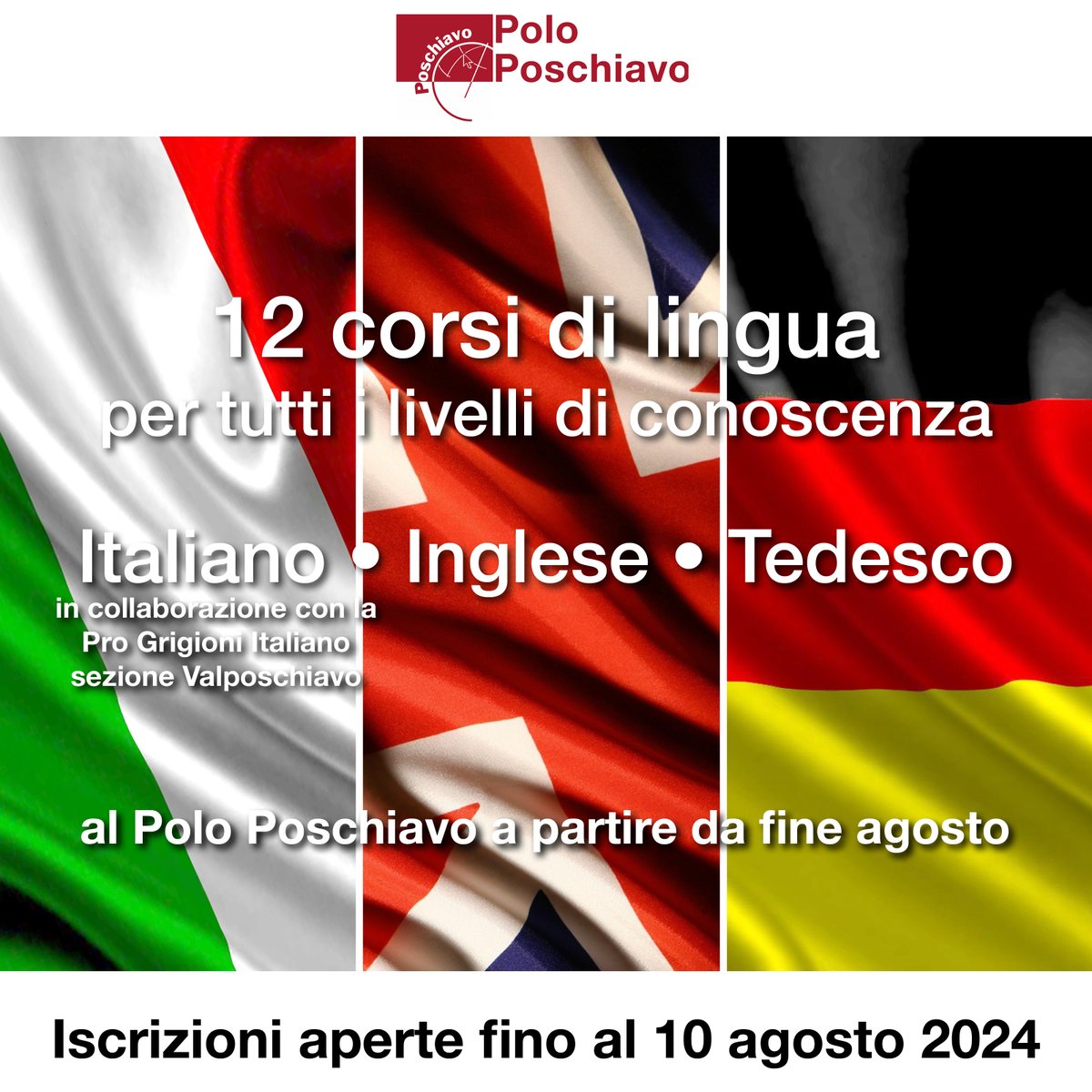 12 corsi di italiano, tedesco e inglese per vari livelli di conoscenza a partire da fine agosto 2024.
Sul sito del Polo Poschiavo è possibile trovare tutte le informazioni relative ai singoli corsi: polo-poschiavo.ch/italiano-tedes…
#poloposchiavo