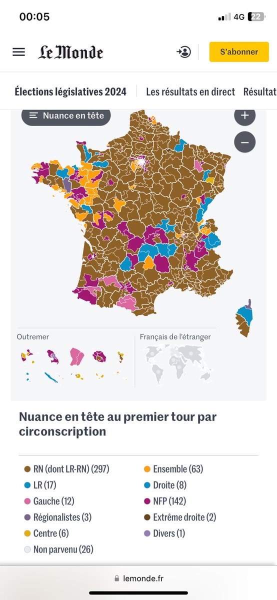 helenedelye's tweet photo. Le journal @lemondefr a choisi la couleur merde pour les circonscriptions où le RN arrive en tête. Ça permet de bien se représenter les choses. https://t.co/R9mlod1Vwn