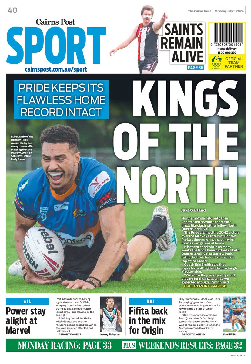 Be sure to check out today’s back page of <a href="/TheCairnsPost/">Cairns Post</a> can the Pride go all the way in 2024? #backpage