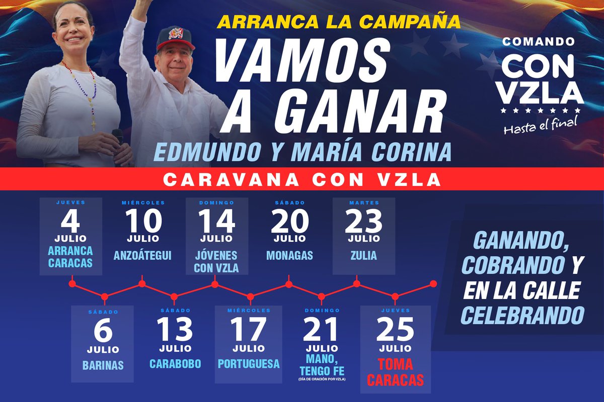 ¡Arranca la campaña! 🇻🇪

Este jueves 4 de julio comienza en Caracas la Gran Caravana Con Vzla. 10 fechas para acompañar a @edmundogu y @mariacorinaya en esta ruta por la libertad. 

Atento a los puntos que iremos anunciando por estado. 

Juntos, #VamosAGanar.