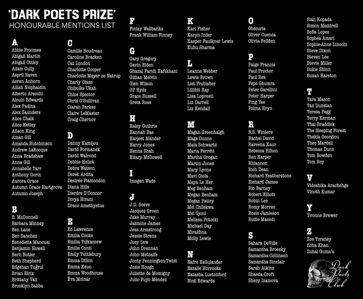 darkpoetsclub's tweet photo. 🌑✨We are thrilled to announce the results of the international Dark Poets Prize competition!  

Congratulations to all the poets selected for honourable mentions; your work will be featured on our website and social media over the coming months. 

#DarkPoetsClub #Poetry https://t.co/FUNajjm7TG