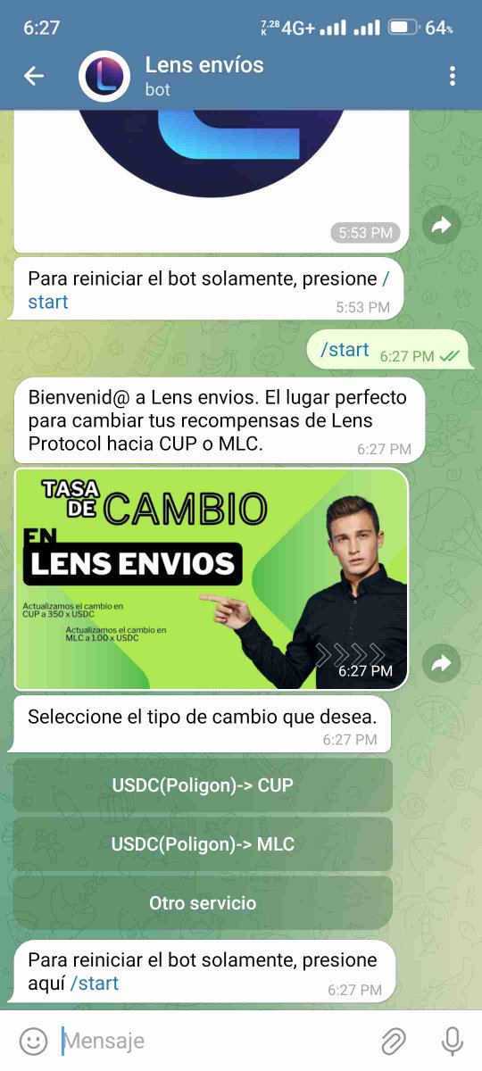 Hey you. What have you done for <a href="/lens/">Lens.com</a>.
I leave you my latest news for changes to the <a href="/lens/">Lens.com</a>envios_bot bot
1- Now you earn more local coins
2- You receive your money in less than 1 hour. Only for users from Cuba.

<a href="/theinfiltred/">Nectar Farmer</a> @lens/<a href="/thoybrown/">Thoy Brown</a> que creen de estás mejoras.