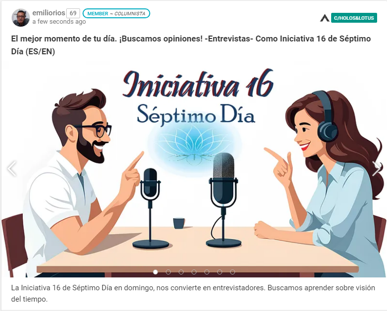 Una nueva Iniciativa del domingo en 7mo. Día. en #hive 
 El mejor momento de tu día. ¡Buscamos opiniones! -Entrevistas- Como Iniciativa 16 de Séptimo Día (ES/EN)
peakd.com/hive-131951/@e…
#MentalHealth #Spanish #LifeLessons #iniciativa