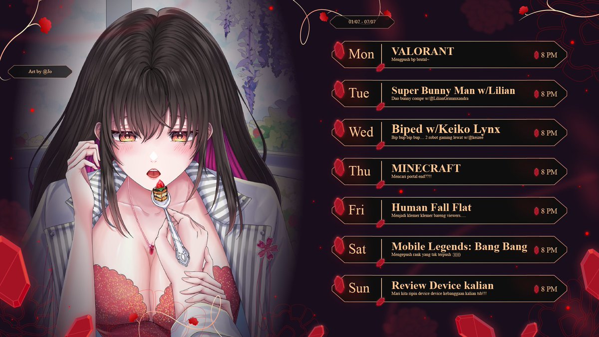 【 Weekly Stream Schedule 】

✨July 01st - July 7th 2024✨

✦General:  #KellyCathlyn
✦Art Tags:  #Kelillust
✦Clip/Live:  #KelLive
✦Singing:  #KellySing
✦Meme Kelly:  #Kelylipan
✦Yabai/NSFW:  #Kelyabai
✦Fan Mark: ❤️🌺