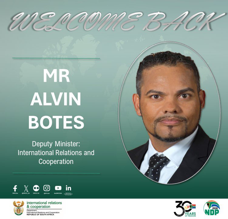 DIRCO_ZA's tweet photo. The Department of International Relations and Cooperation welcomes to the new Minister, Mr Ronald Lamola. We also welcome back Deputy Minister Alvin Botes and welcome new Deputy Minister, Ms Tandi Moraka. #Cabinet2024

@UbuntuRadioZA https://t.co/caXYKLYypf