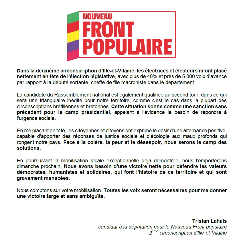 Dans la #circo3502, vous m'avez placé nettement en tête de l'élection législative. En poursuivant la mobilisation locale exceptionnelle déjà démontrée, nous l’emporterons dimanche prochain. Toutes les voix seront nécessaires pour me donner une victoire large et sans ambiguïté