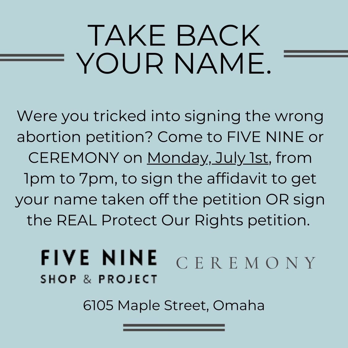 NebraskaMegan's tweet photo. If this happened to you, the safest bet at this point is to come sign the correct one and fill out an affidavit at to remove your name from the fake petition. We will have notaries on hand and we will deliver them to the secretary of state for you. We can also make a house call. https://t.co/zDiKQ2KmOw