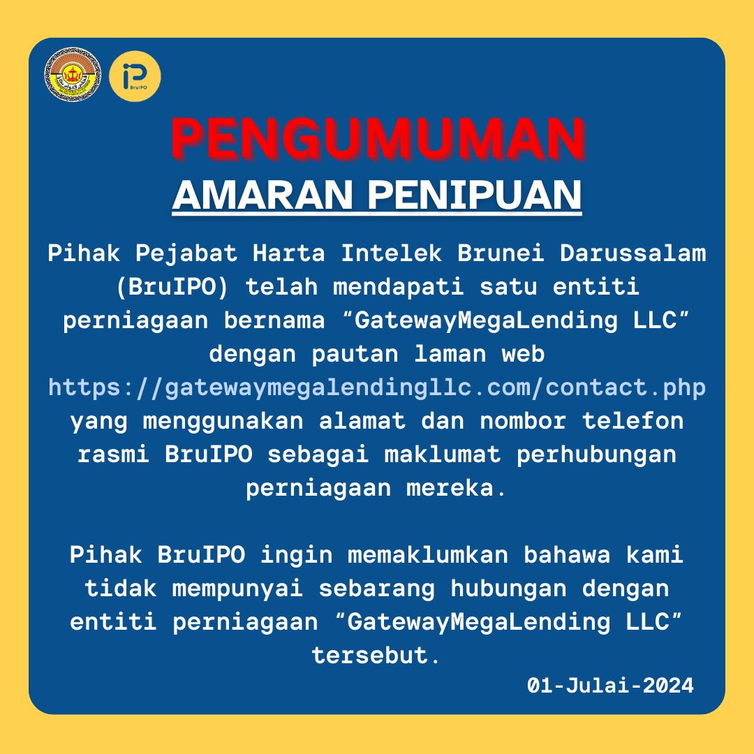 BruIPO_'s tweet photo. Fraud Alert 🚨 

Please be informed that there is a business entity named ‘GatewayMegaLending’ that has been using BruIPO’s official address and telephone number. We would like to remind the public that we are not affiliated with the said business entity. https://t.co/0T4dc9zvxy