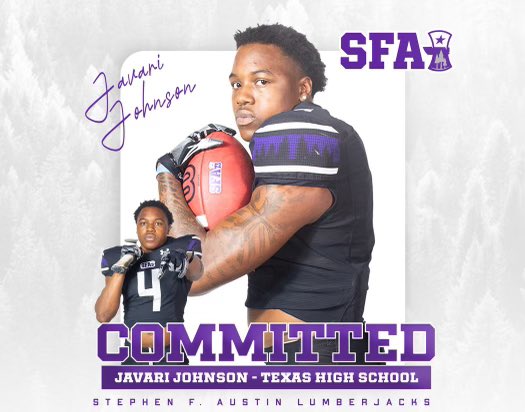 JavariJohnson5's tweet image. I’m blessed to announce that I have committed to continue my education &amp;amp; football career at Stephen F. Austin State University.  💜🤍

#Axem #SFALumberjacks