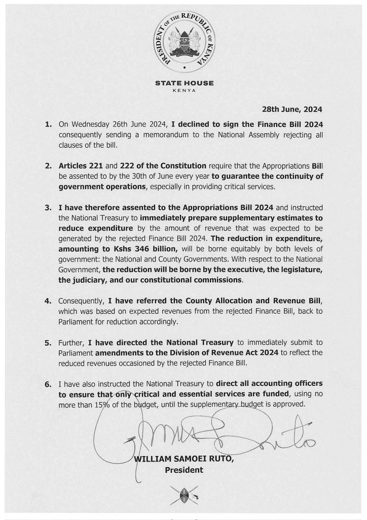 Kenya' Budget for FY 24/25 included a planned total borrowing of KES ~514B (Frame 1]. The President now says this borrowing will go up to KES 1T.

Does this mean expenditure cuts of KES 346B promised last week to plug the gap left by the Finance Bill (Frame 2) has been abandoned?