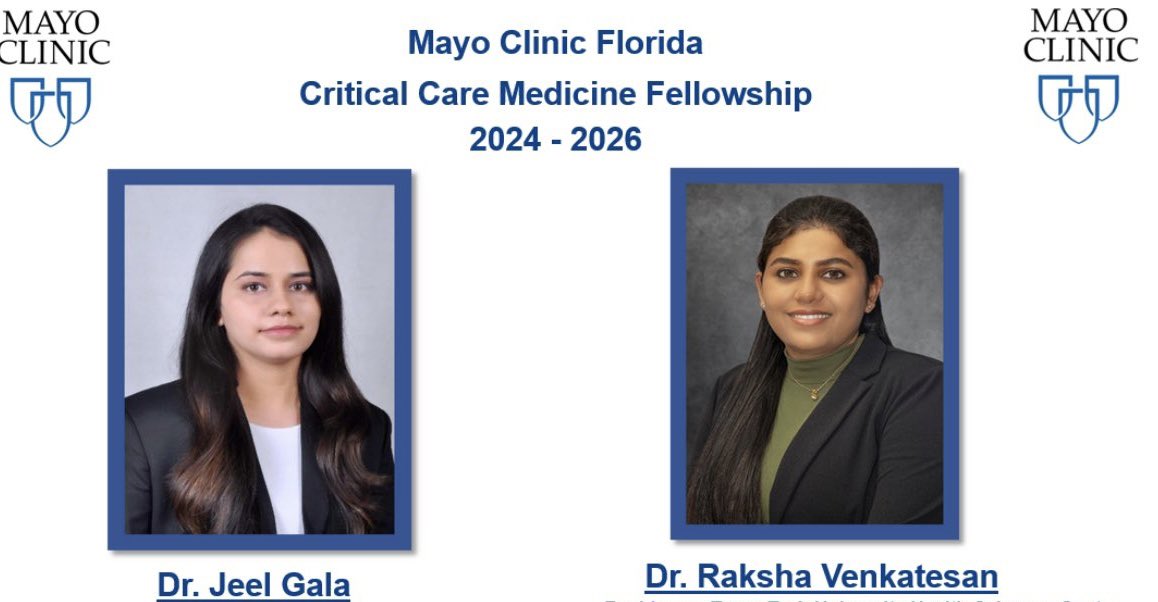 MayoClinicCCM's tweet photo. 💐Welcome to Mayo Clinic Family💐
• Congratulations Drs Gala &Venkatesan:-Second batch of Critical Care Medicine Fellows at the #MayoClinic Florida!
• Looking forward to ‘Amazing & Awesome’Two Years with the #C2IMP Family of #MayoClinicFL
#Fellows #MayoClinic #CriticalCare https://t.co/1edSZhz2xS
