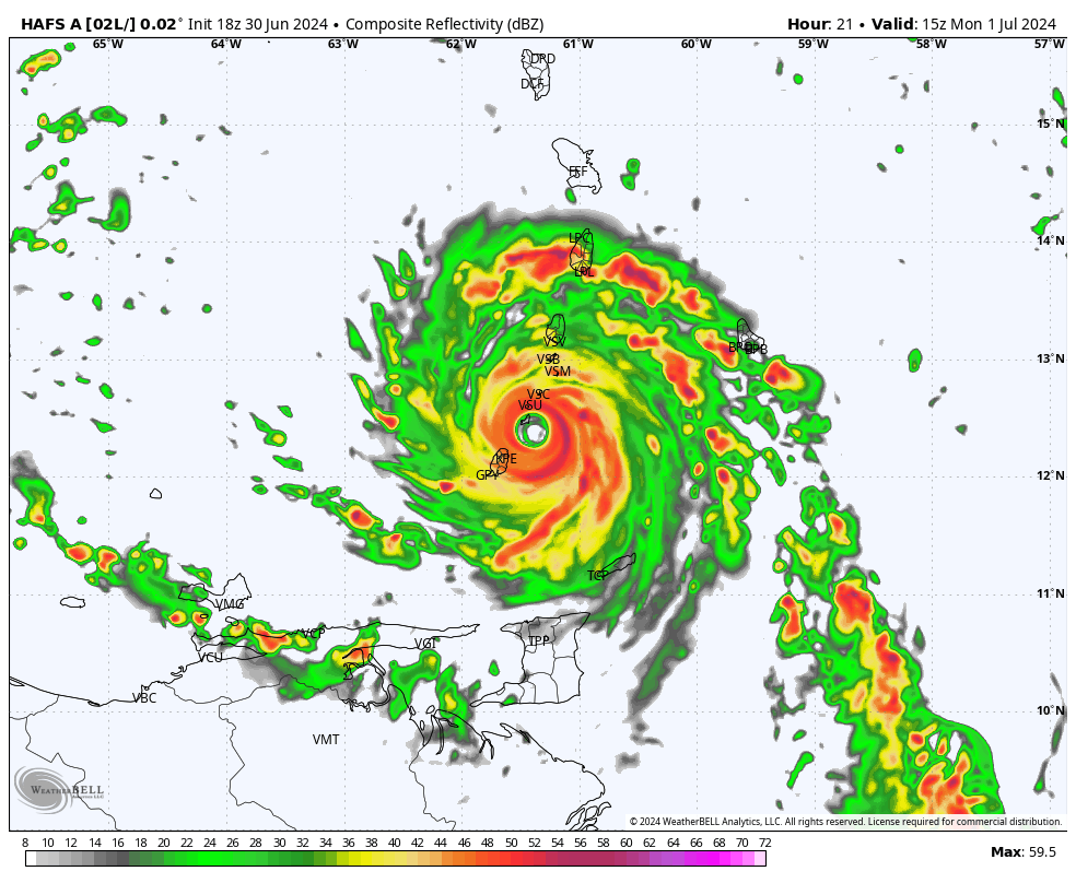 NbergWX's tweet photo. Incredible doesn't cut it. This truly is something else of a hurricane. Hurricane models have largely done great so far. Updated HAFS model indicates #Beryl could definitely get into the upper echelon of Category 4 by Monday morning, if not knock on the door of rare Category 5. 155+ MPH gusts possible in the eyewall Monday especially near the island of Carriacou, part of Grenada. Catastrophic damage likely where the eyewall is. Will be a fast moving storm, but for a few hours will be just hell on earth Monday AM.