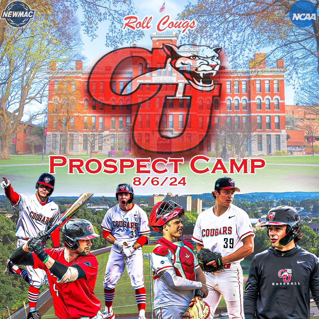 PROSPECT CAMP, Clark University Baseball. 8/6/24 10am-4pm. 2025,2026,2027 grads welcome. Great opportunity to get in front of our coaching staff. LINK: clarkbaseball.totalcamps.com/shop/EVENT?fbc…